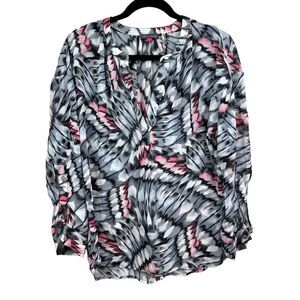 Vince Camuto‎ Tunic Blouse Sheer V Neck Roll Tab Sleeves Gray Pink Women Size S
